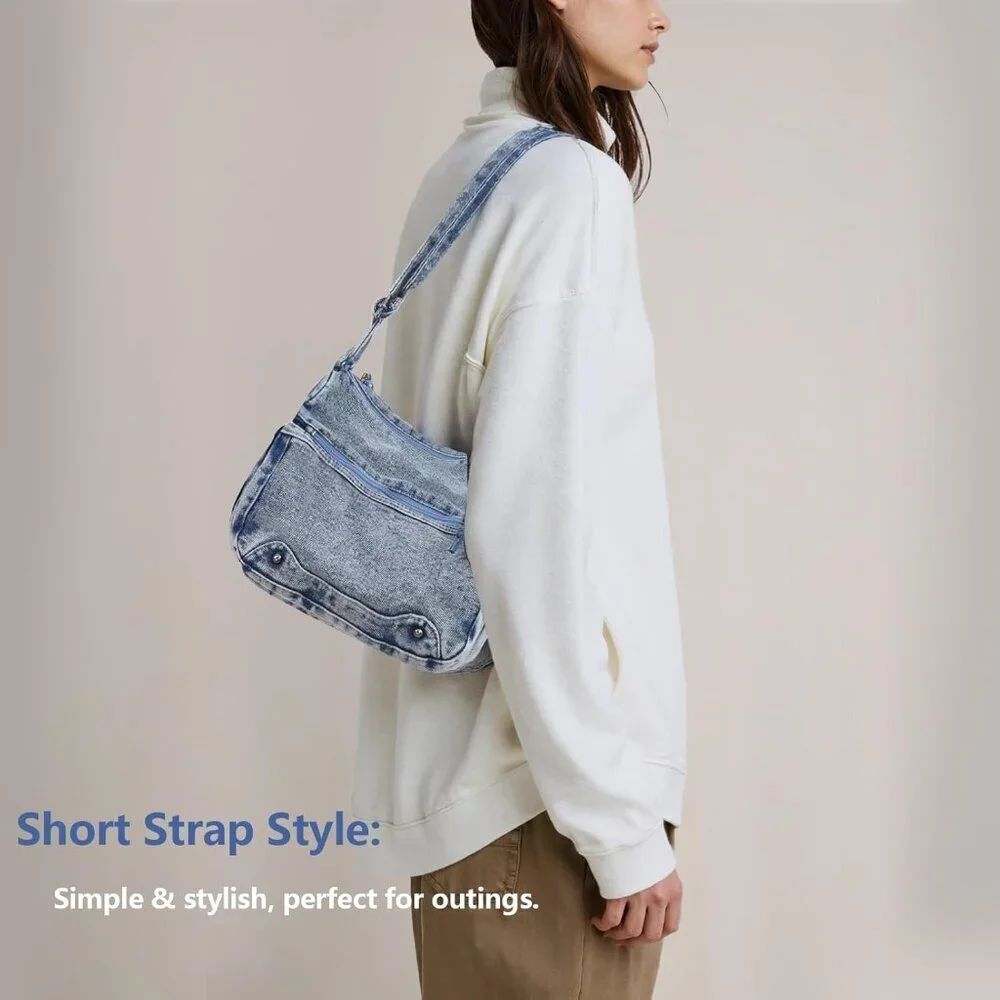 Women's Denim Tote Bag Casual Hobo Purse Adjustable Crossbody Spacious